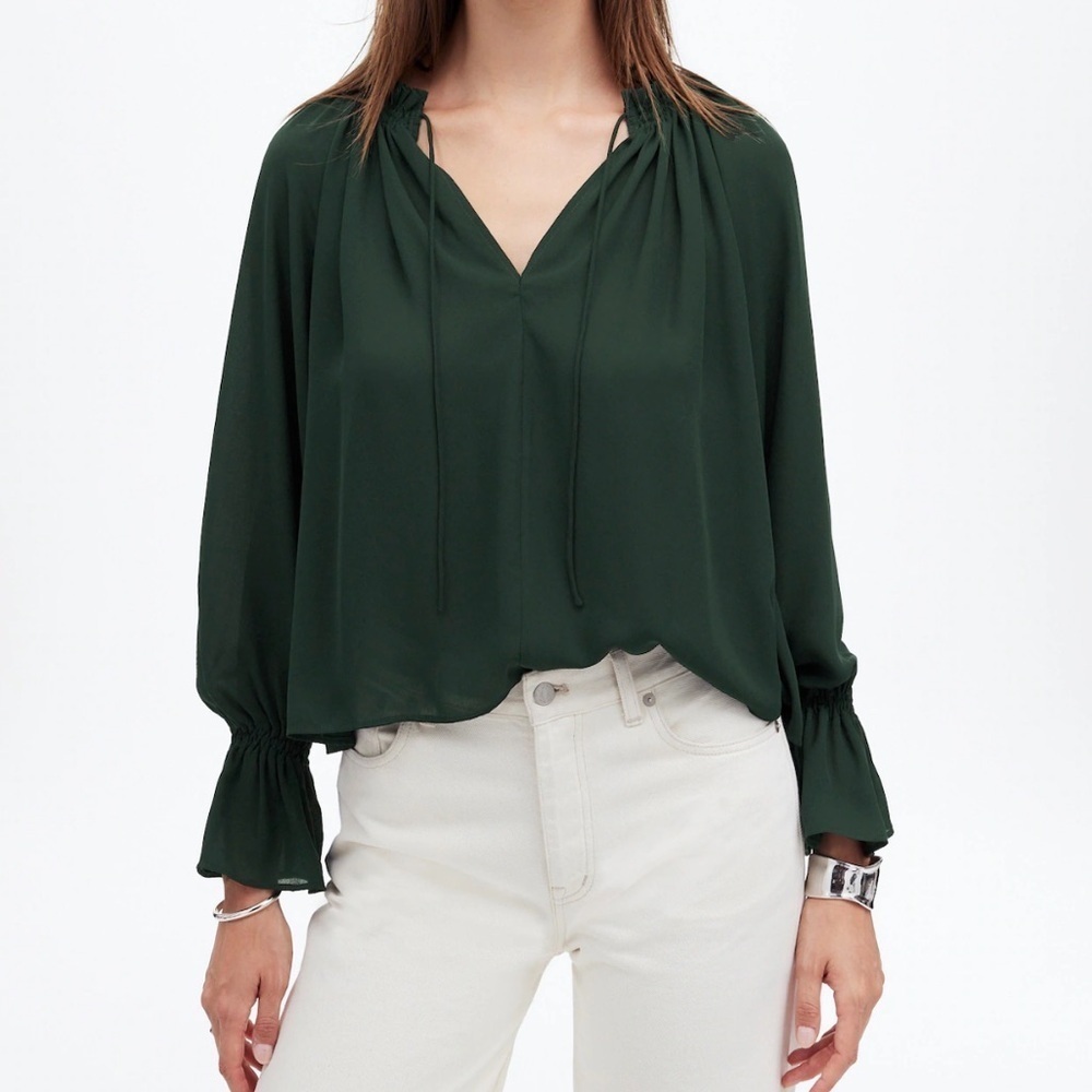 Madewell Long-Sleeve Tie-Neck Top Luxury Forest size‎ XXS NWT NT356